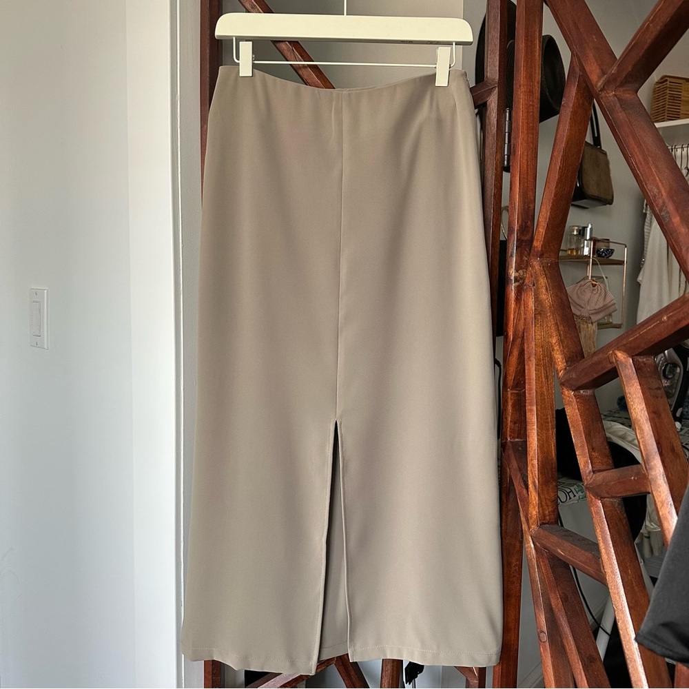 Tan Pencil Midi Skirt with Slit